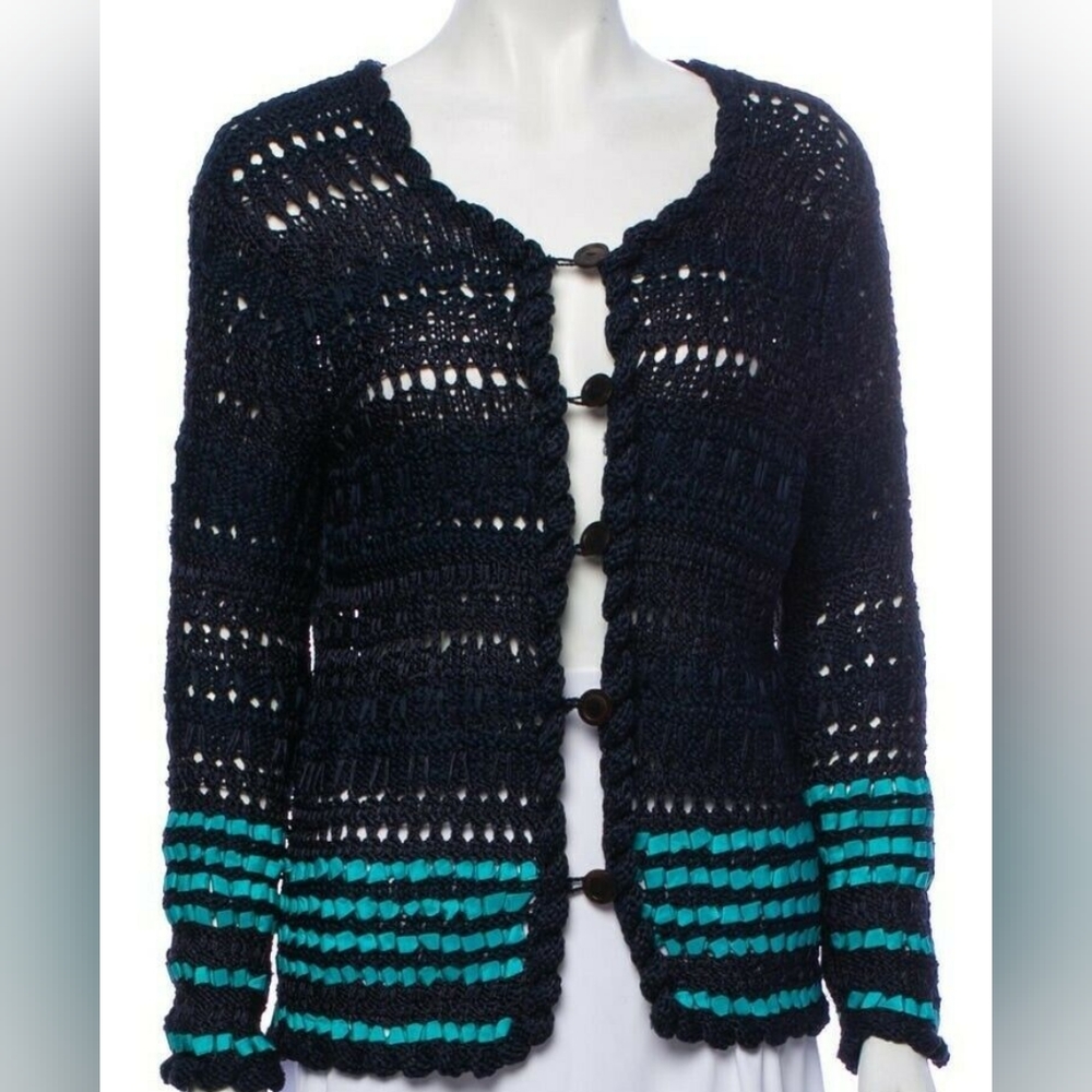 ◇$2,500 OSCAR DE LA RENTA  SILK HANDKNIT BLUE TURQUOISE RUNW CARDIGAN M